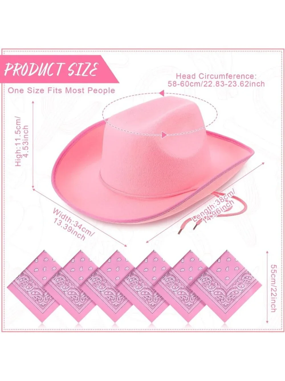 Men's Pink Bandanas Bulk Adjustable Felt Western Cowboy Cowgirl Hat 12 Pcs